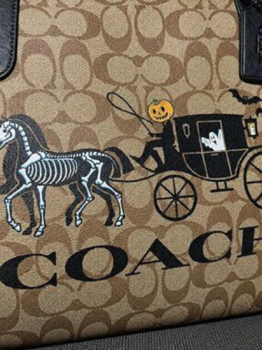 COACH Brown and Black Signature Tote with Halloween Carriage Graphic